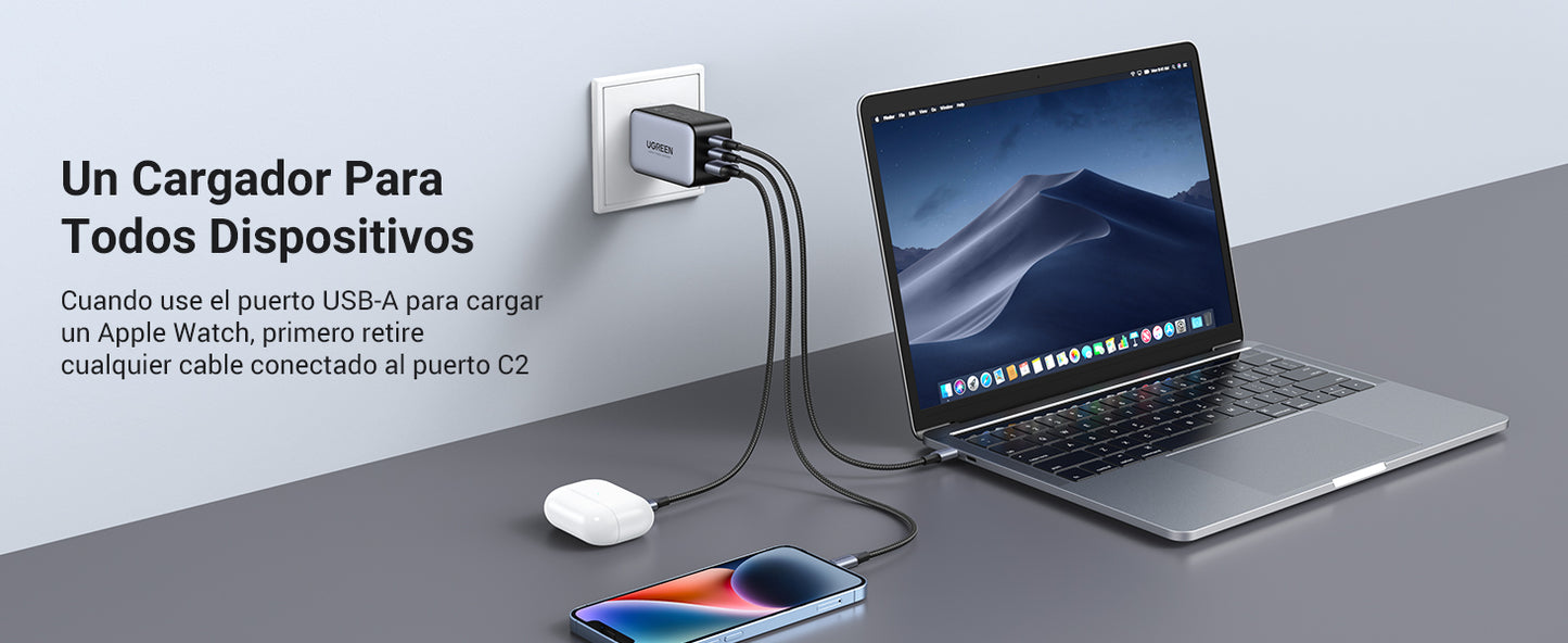 UGREEN Nexode 65W Cargador USB C GAN con 3 Puertos, Cargador Tipo C Plegable y Portátil para Viajar Compatible con MacBook Pro/Air, DELL XPS, iPhone 15 14 Pro, iPad Pro, Galaxy S24, Pixel 7