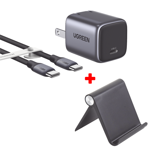 Paquete de Cargador Rápido 30W con Cable USB-C de 1 Metro y Soporte para Smartphone y Tablets