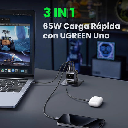 UGREEN Cargador Uno 65W Carga Rápida, GaNRobot Pantalla de Carga Inteligente Compatible Smartphones, Macbook, Tablets