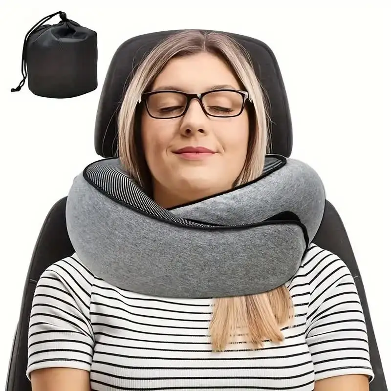 Almohada de cuello de espuma viscoelástica para vértebra Cervical, almohada portátil de viaje para descanso del día, avión, tipo U, bolsa de transporte para dormir y acampar