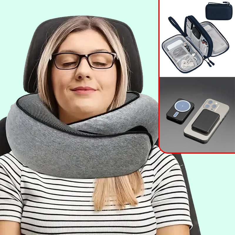 Kit de viaje comodo, Almohada de cuello de espuma, Organizador de viaje, Auriculares inalámbricos