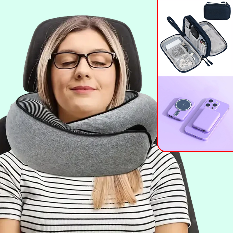 Kit de viaje comodo, Almohada de cuello de espuma, Organizador de viaje, Auriculares inalámbricos