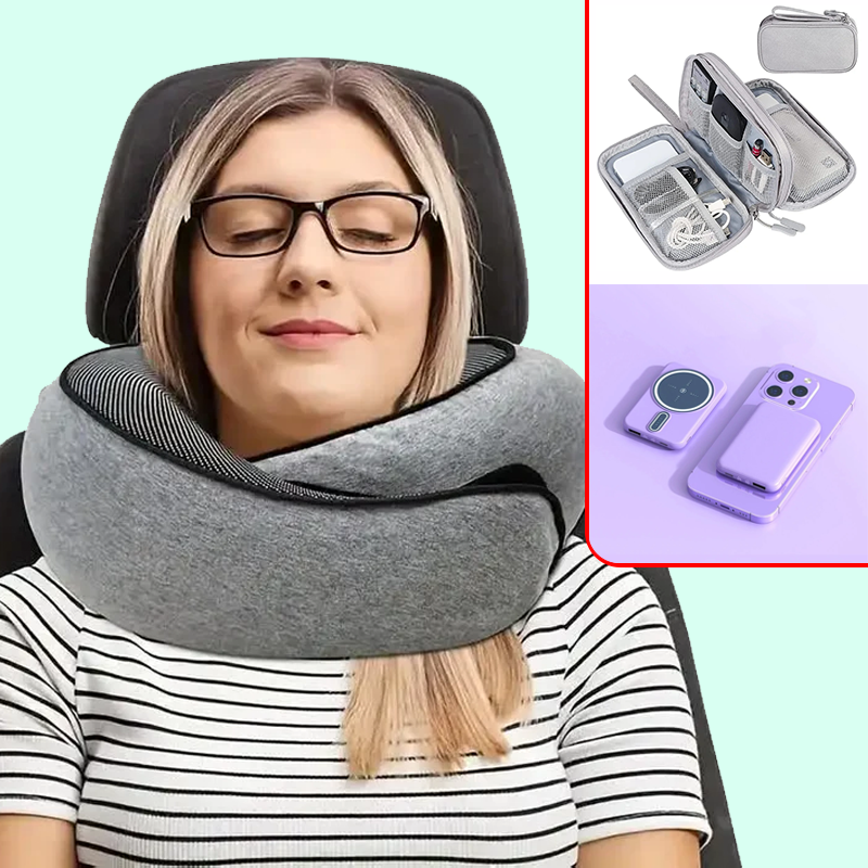 Kit de viaje comodo, Almohada de cuello de espuma, Organizador de viaje, Auriculares inalámbricos