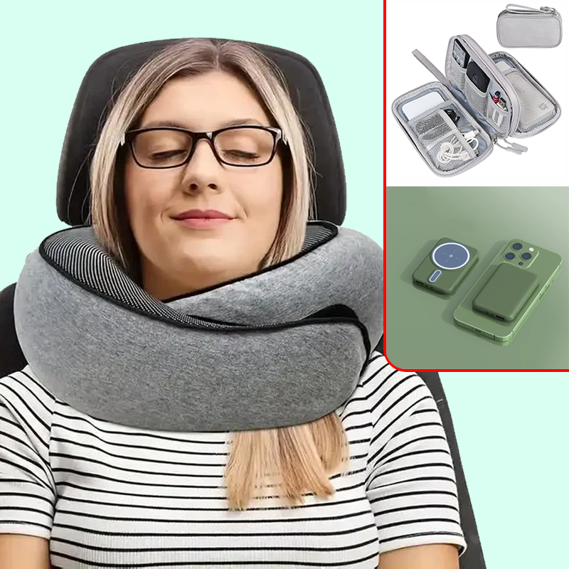 Kit de viaje comodo, Almohada de cuello de espuma, Organizador de viaje, Auriculares inalámbricos