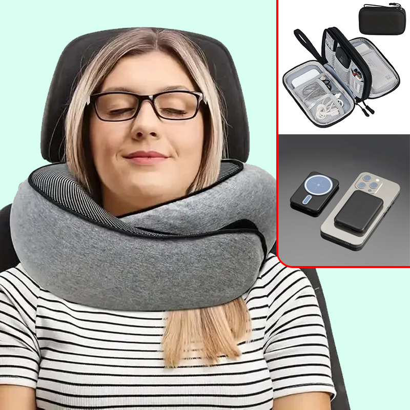 Kit de viaje comodo, Almohada de cuello de espuma, Organizador de viaje, Auriculares inalámbricos