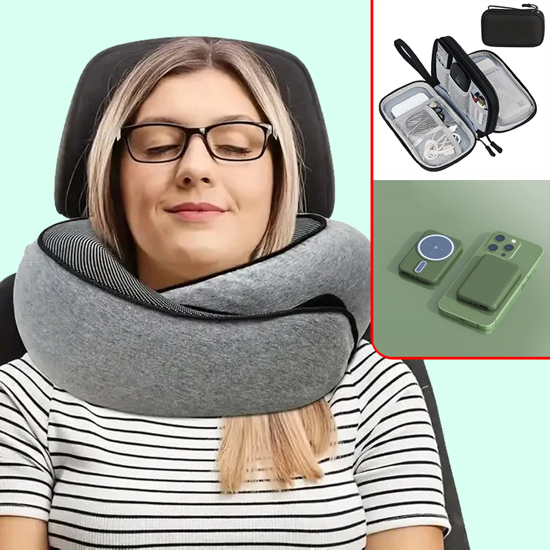 Kit de viaje comodo, Almohada de cuello de espuma, Organizador de viaje, Auriculares inalámbricos