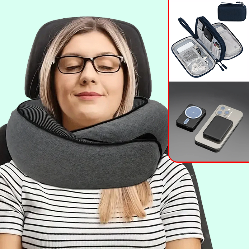 Kit de viaje comodo, Almohada de cuello de espuma, Organizador de viaje, Auriculares inalámbricos