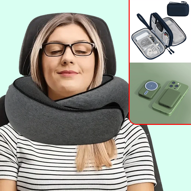 Kit de viaje comodo, Almohada de cuello de espuma, Organizador de viaje, Auriculares inalámbricos