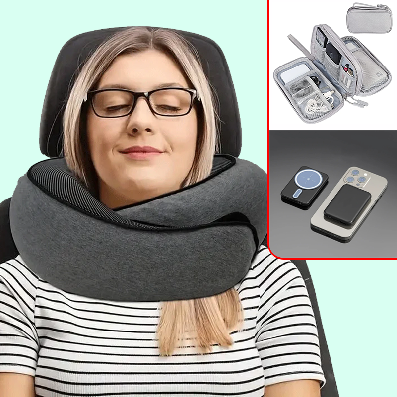 Kit de viaje comodo, Almohada de cuello de espuma, Organizador de viaje, Auriculares inalámbricos