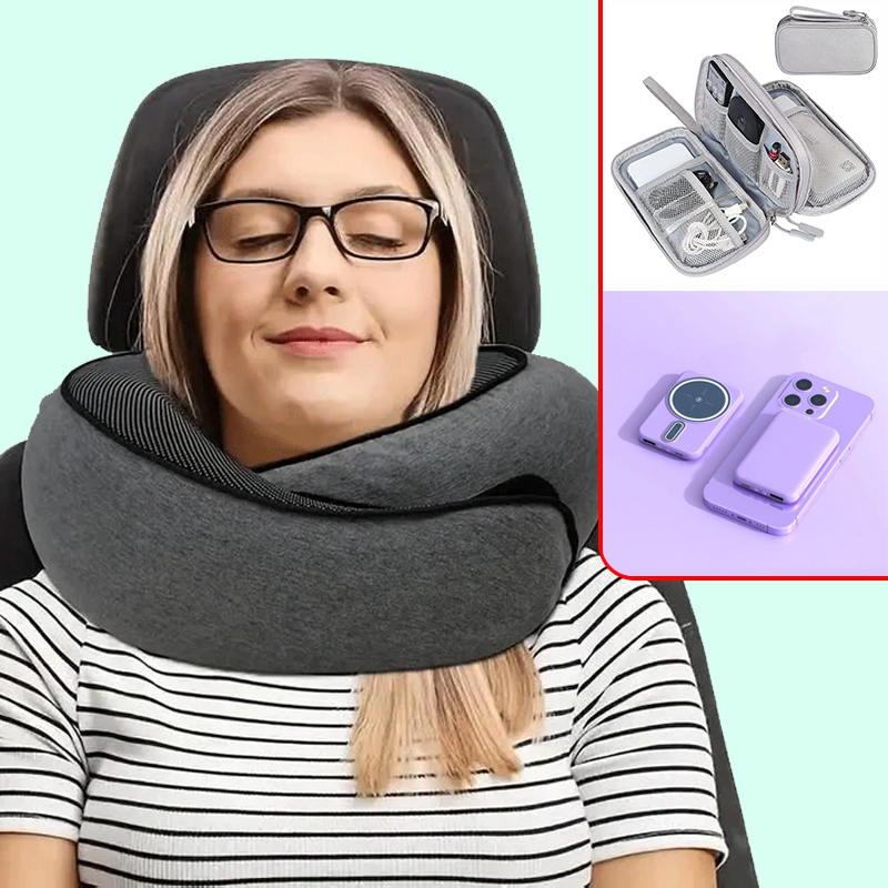 Kit de viaje comodo, Almohada de cuello de espuma, Organizador de viaje, Auriculares inalámbricos