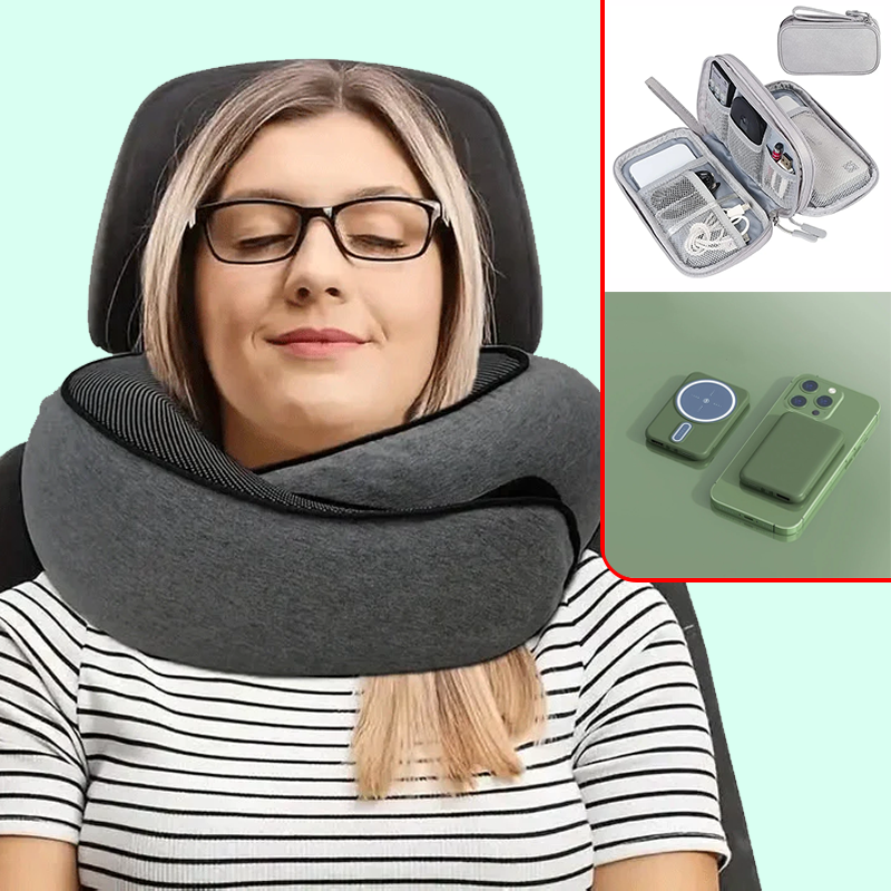 Kit de viaje comodo, Almohada de cuello de espuma, Organizador de viaje, Auriculares inalámbricos