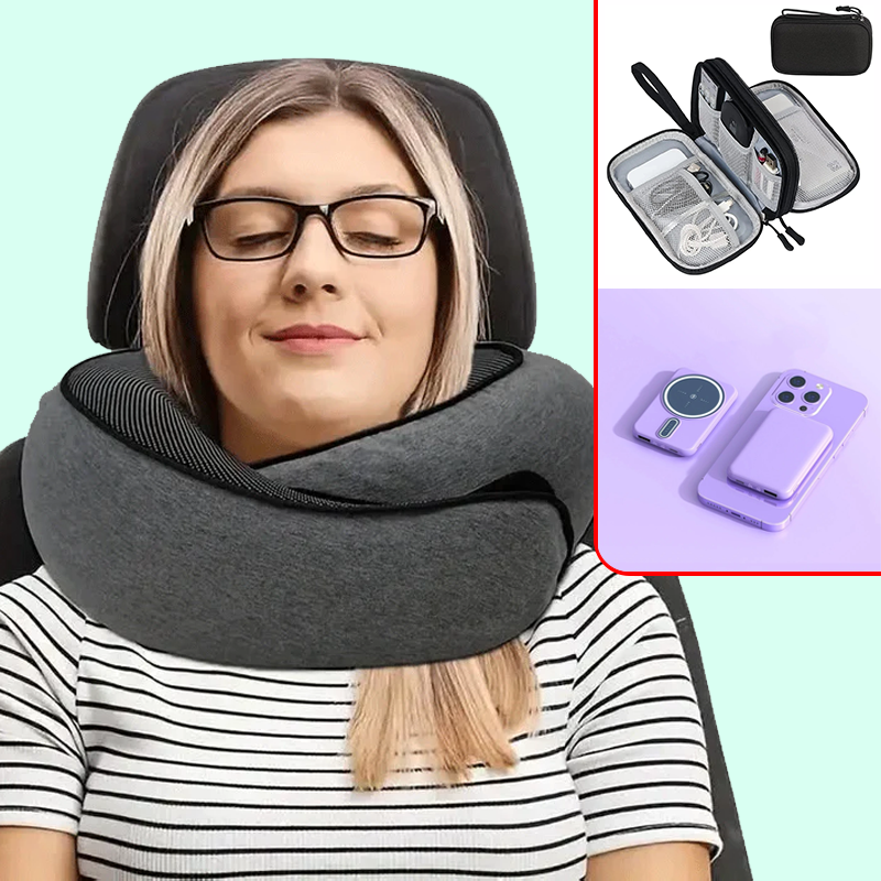 Kit de viaje comodo, Almohada de cuello de espuma, Organizador de viaje, Auriculares inalámbricos