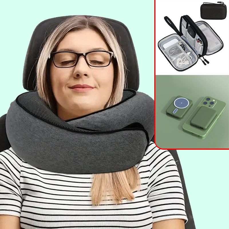 Kit de viaje comodo, Almohada de cuello de espuma, Organizador de viaje, Auriculares inalámbricos